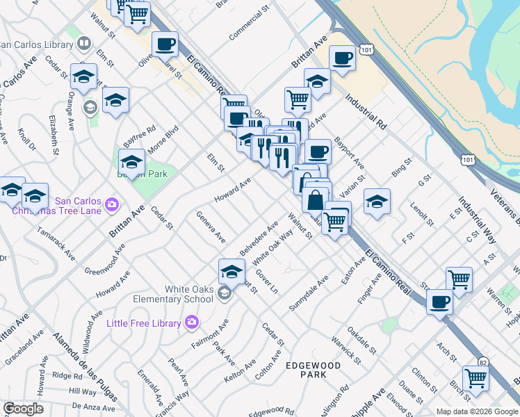 map of restaurants, bars, coffee shops, grocery stores, and more near 1385 Elm Street in San Carlos