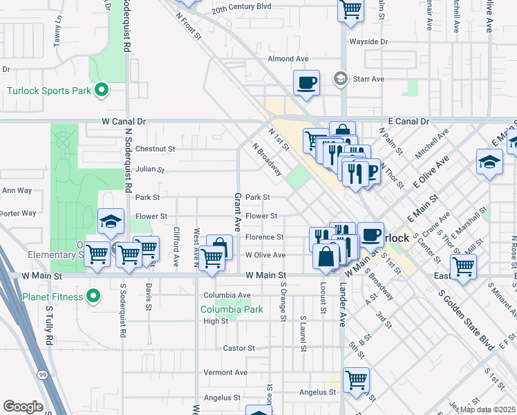 map of restaurants, bars, coffee shops, grocery stores, and more near 430 Flower Street in Turlock