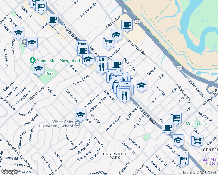 map of restaurants, bars, coffee shops, grocery stores, and more near 1500 Laurel Street in San Carlos