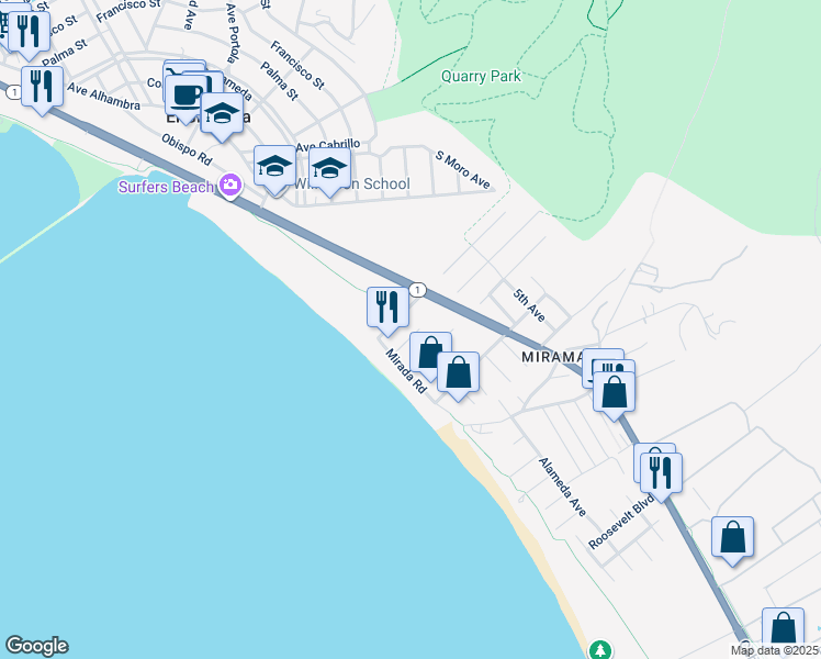 map of restaurants, bars, coffee shops, grocery stores, and more near 120 Coronado Avenue in Half Moon Bay