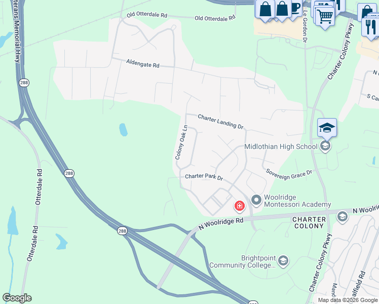 map of restaurants, bars, coffee shops, grocery stores, and more near 730 Colony Forest Drive in Midlothian