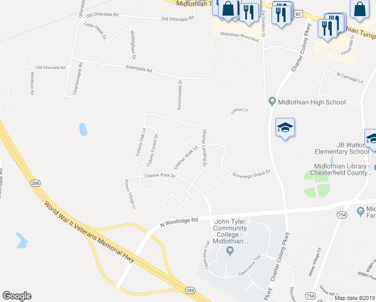 map of restaurants, bars, coffee shops, grocery stores, and more near 14601 Charters Bluff Trail in Midlothian