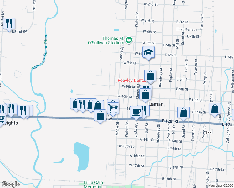 map of restaurants, bars, coffee shops, grocery stores, and more near 1004 Oak Street in Lamar