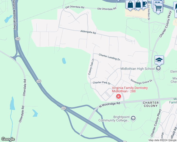 map of restaurants, bars, coffee shops, grocery stores, and more near 748 Colony Oak Lane in Midlothian