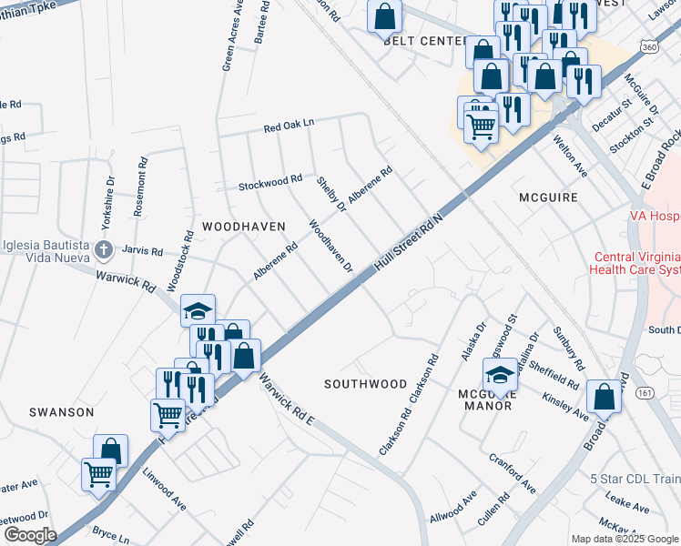 map of restaurants, bars, coffee shops, grocery stores, and more near 1048 Woodhaven Drive in Richmond