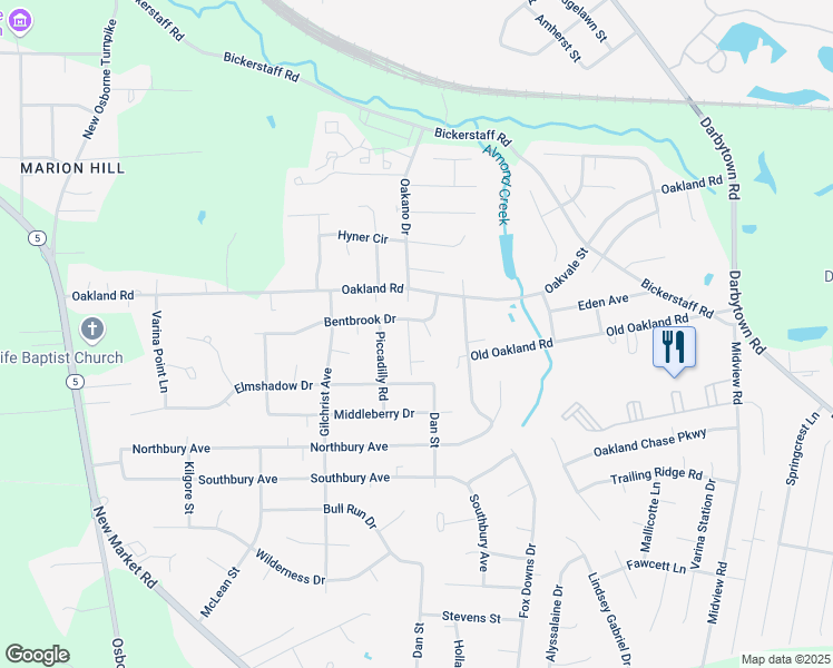 map of restaurants, bars, coffee shops, grocery stores, and more near 6223 Shadowbrook Drive in Henrico