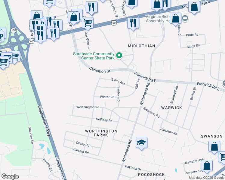map of restaurants, bars, coffee shops, grocery stores, and more near 728 Sanborn Drive in Richmond