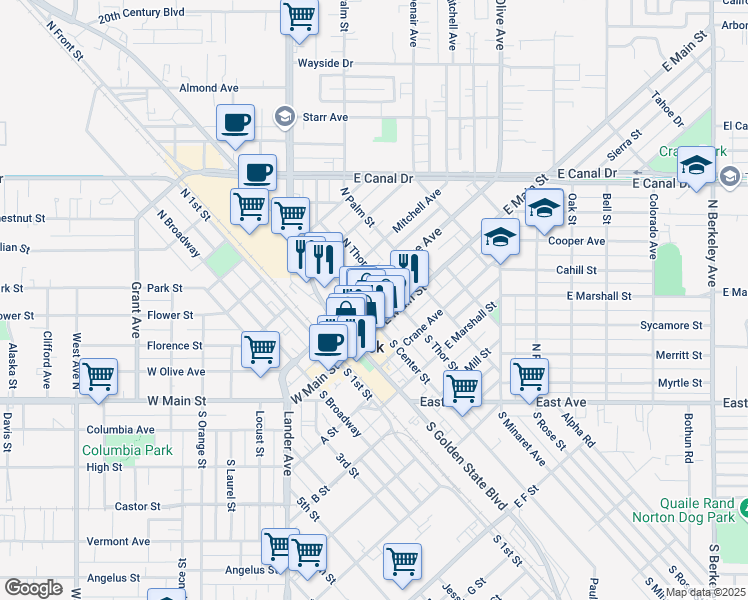 map of restaurants, bars, coffee shops, grocery stores, and more near 340 East Olive Avenue in Turlock