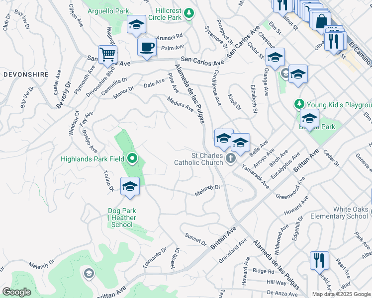 map of restaurants, bars, coffee shops, grocery stores, and more near 877 Bauer Drive in San Carlos