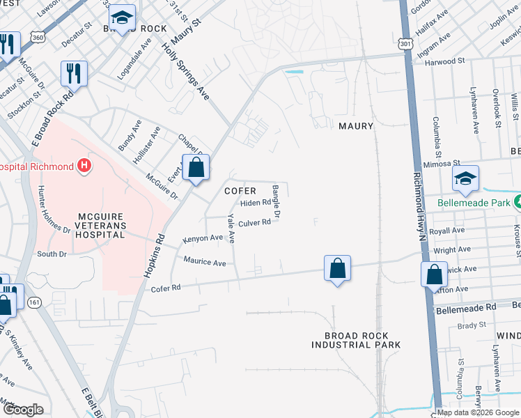 map of restaurants, bars, coffee shops, grocery stores, and more near 3010 Culver Road in Richmond