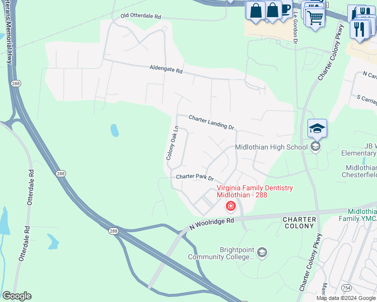 map of restaurants, bars, coffee shops, grocery stores, and more near 725 Colony Forest Drive in Midlothian