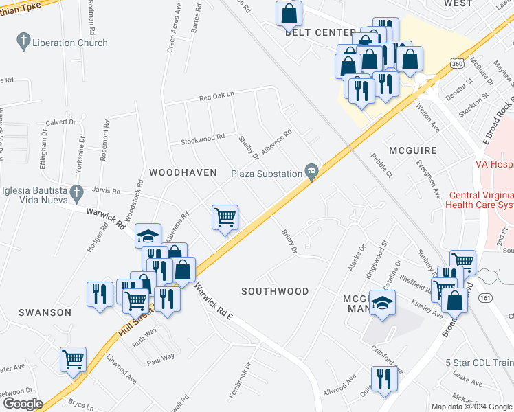 map of restaurants, bars, coffee shops, grocery stores, and more near 1048 Woodhaven Drive in Richmond