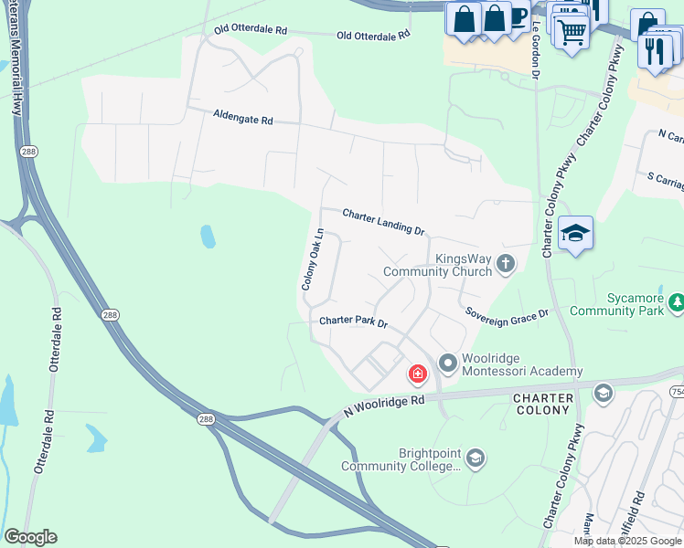 map of restaurants, bars, coffee shops, grocery stores, and more near 725 Colony Forest Drive in Midlothian