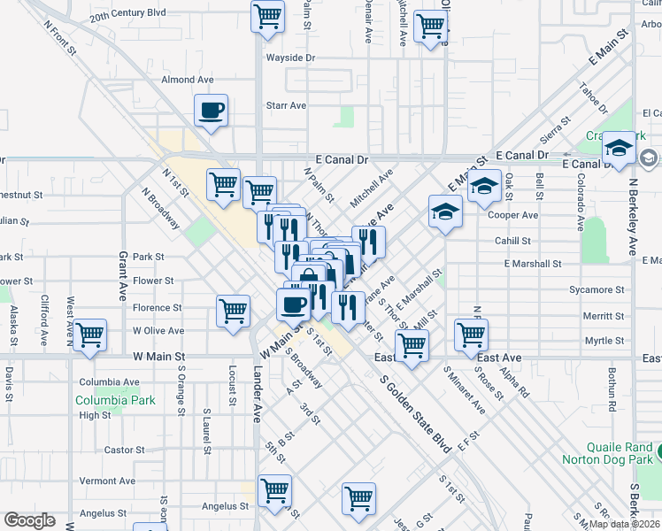 map of restaurants, bars, coffee shops, grocery stores, and more near 340 East Olive Avenue in Turlock