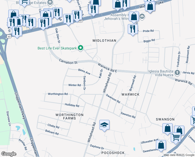 map of restaurants, bars, coffee shops, grocery stores, and more near 700 Kaki Drive in Richmond