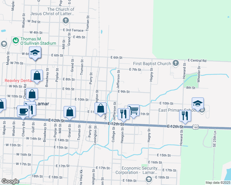 map of restaurants, bars, coffee shops, grocery stores, and more near 913 Jefferson Street in Lamar