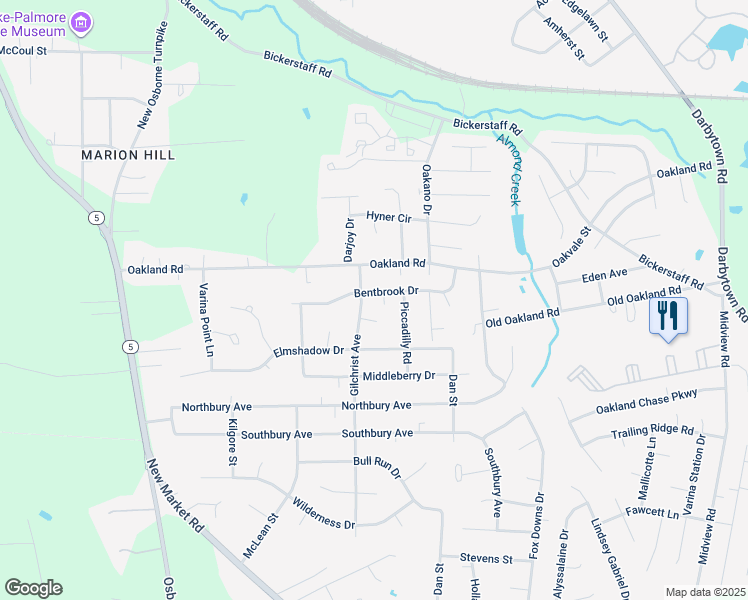 map of restaurants, bars, coffee shops, grocery stores, and more near 1303 Bentbrook Drive in Richmond