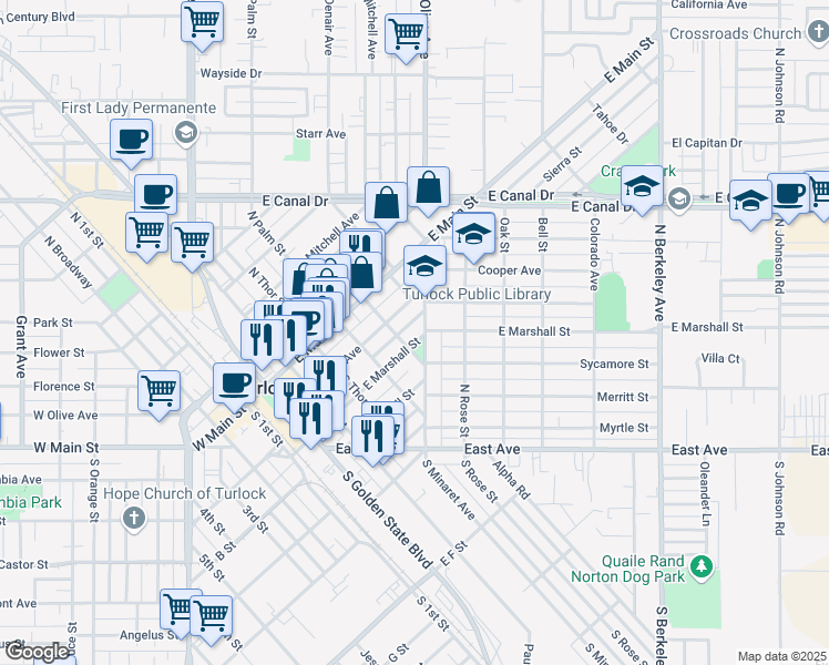 map of restaurants, bars, coffee shops, grocery stores, and more near 615 East Marshall Street in Turlock