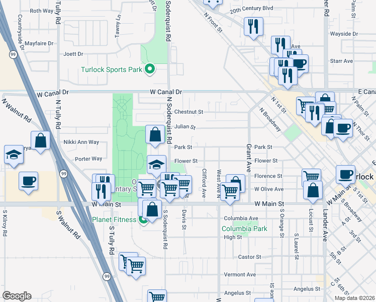 map of restaurants, bars, coffee shops, grocery stores, and more near 1025 Park Street in Turlock