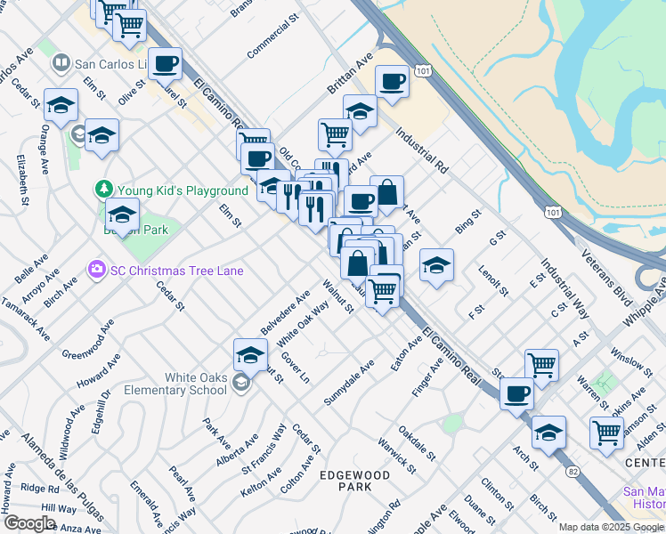 map of restaurants, bars, coffee shops, grocery stores, and more near 1410 El Camino Real in San Carlos