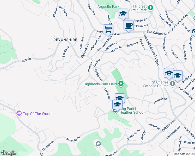 map of restaurants, bars, coffee shops, grocery stores, and more near 38 Roslyn Avenue in San Carlos