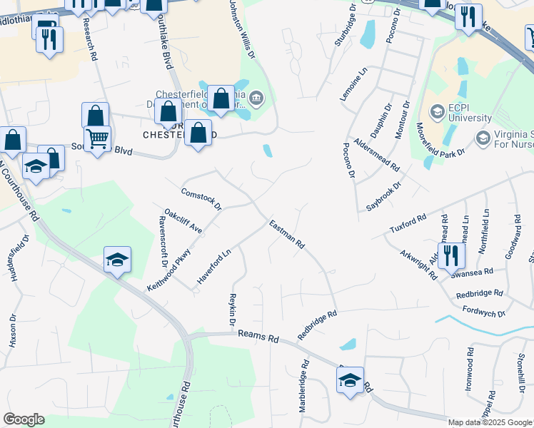 map of restaurants, bars, coffee shops, grocery stores, and more near 10604 Haverford Lane in Richmond