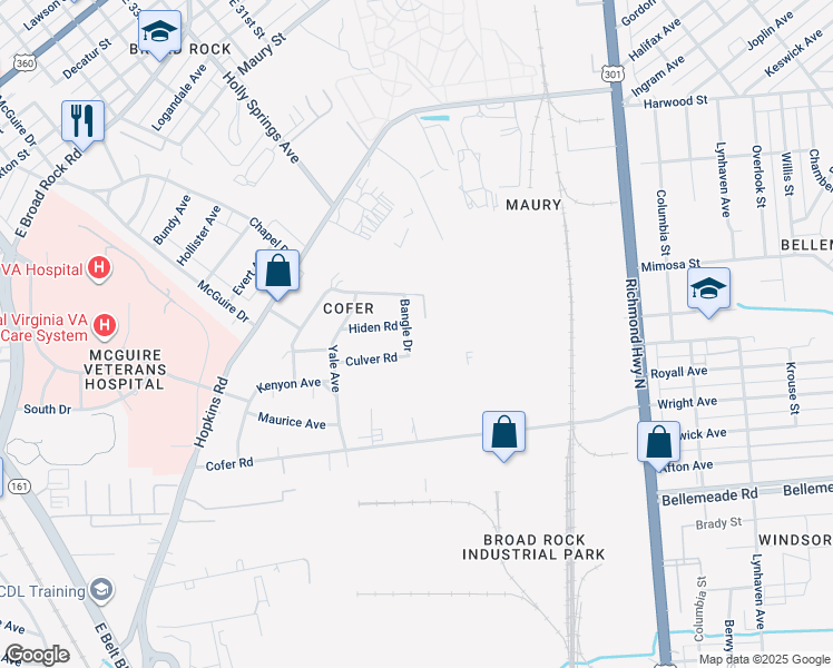 map of restaurants, bars, coffee shops, grocery stores, and more near 1507 Bangle Drive in Richmond