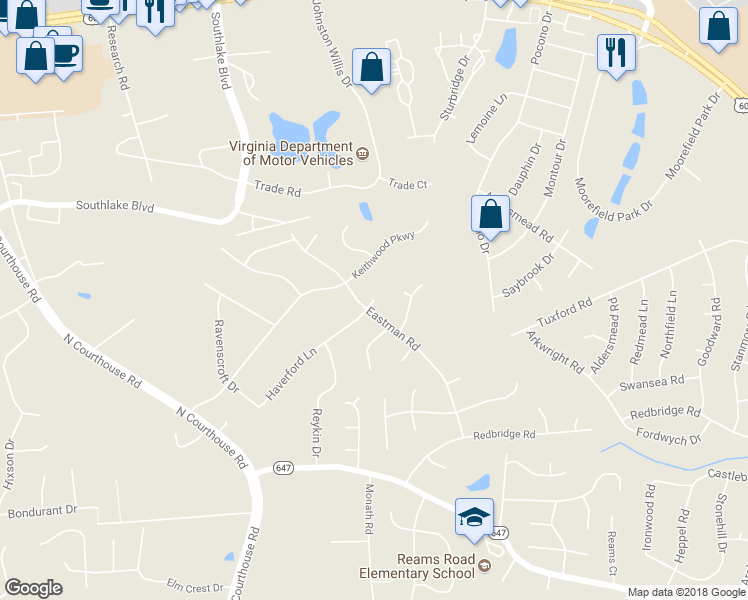 map of restaurants, bars, coffee shops, grocery stores, and more near 9211 Haverford Lane in Richmond