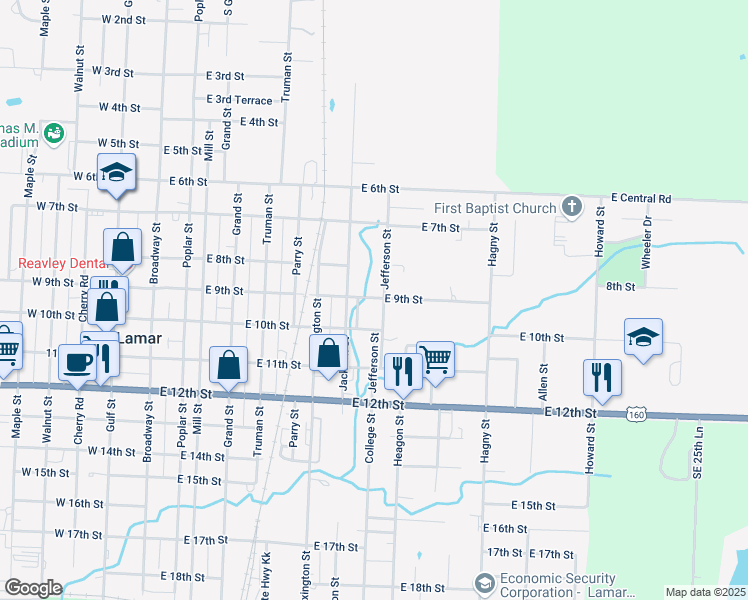 map of restaurants, bars, coffee shops, grocery stores, and more near 905 Jefferson Street in Lamar