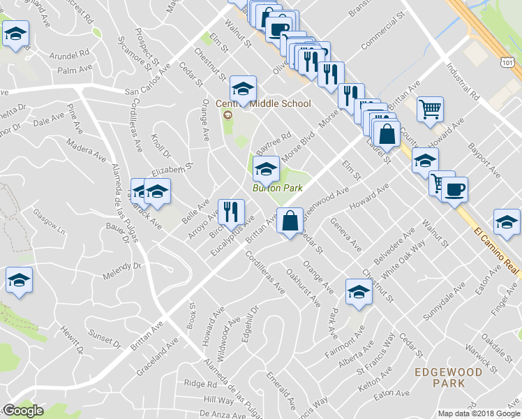 map of restaurants, bars, coffee shops, grocery stores, and more near 1901 Eucalyptus Avenue in San Carlos