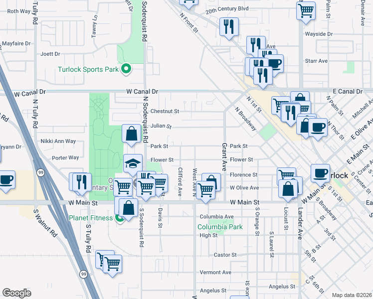 map of restaurants, bars, coffee shops, grocery stores, and more near 852 Park Street in Turlock
