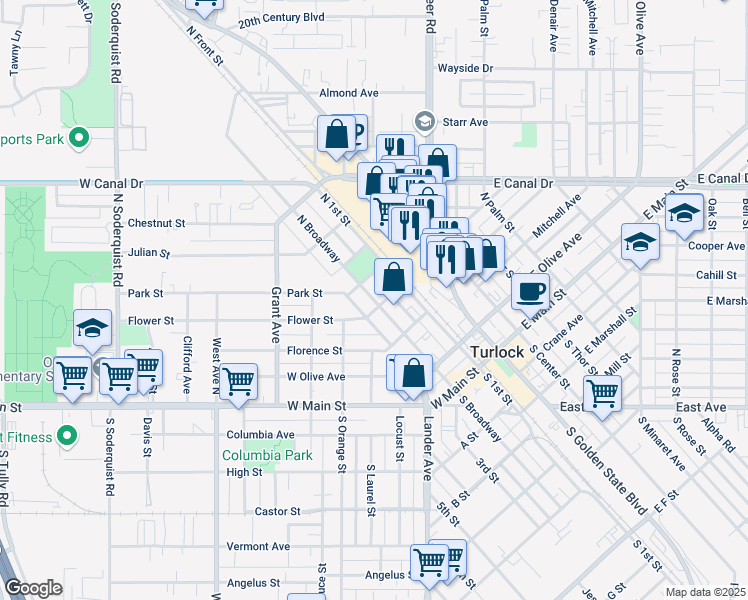 map of restaurants, bars, coffee shops, grocery stores, and more near 409 North Broadway Avenue in Turlock