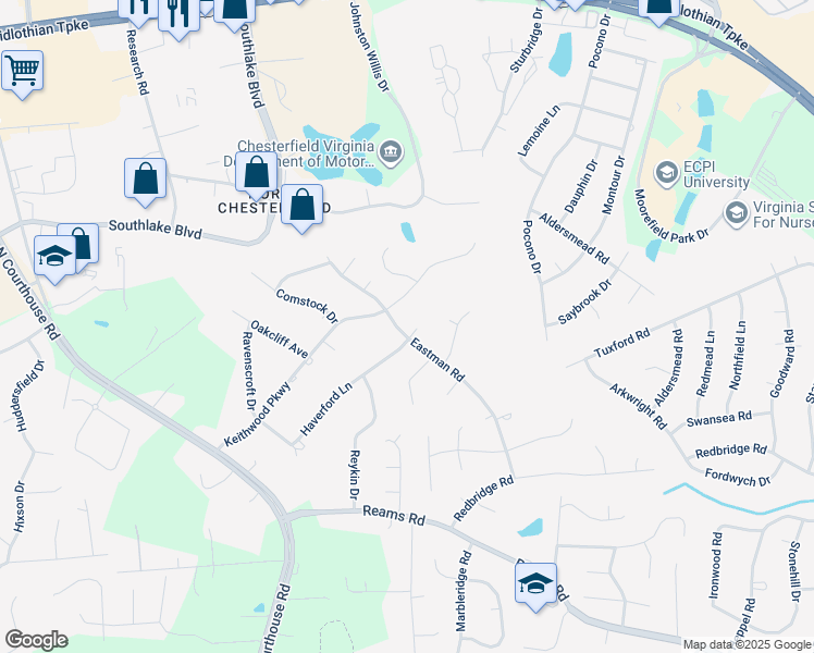map of restaurants, bars, coffee shops, grocery stores, and more near 10604 Haverford Lane in Richmond