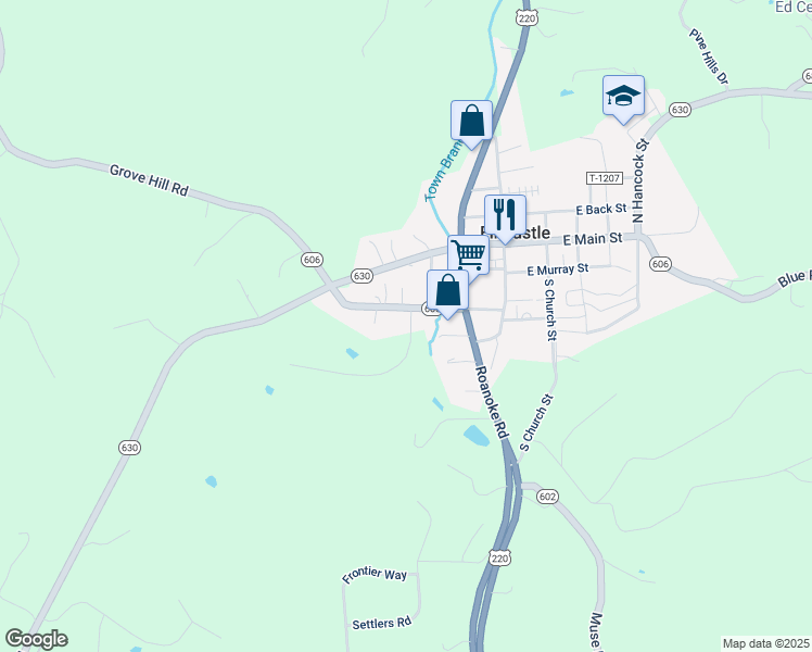 map of restaurants, bars, coffee shops, grocery stores, and more near 50 Ridgley Lane in Fincastle