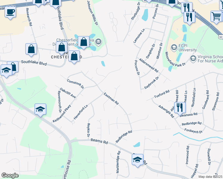 map of restaurants, bars, coffee shops, grocery stores, and more near 302 Northcliff Court in Richmond