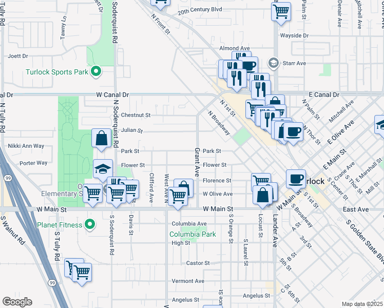 map of restaurants, bars, coffee shops, grocery stores, and more near 663 Park Street in Turlock