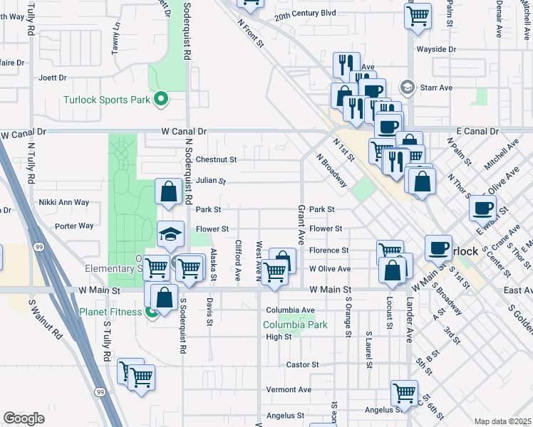 map of restaurants, bars, coffee shops, grocery stores, and more near 758 Park Street in Turlock