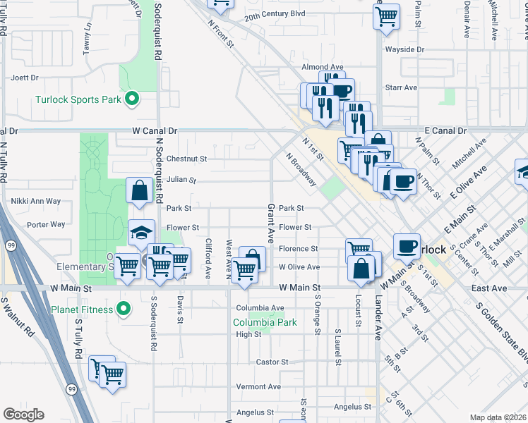 map of restaurants, bars, coffee shops, grocery stores, and more near 663 Park Street in Turlock