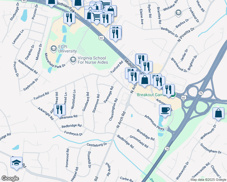 map of restaurants, bars, coffee shops, grocery stores, and more near 141 Swanage Road in Richmond