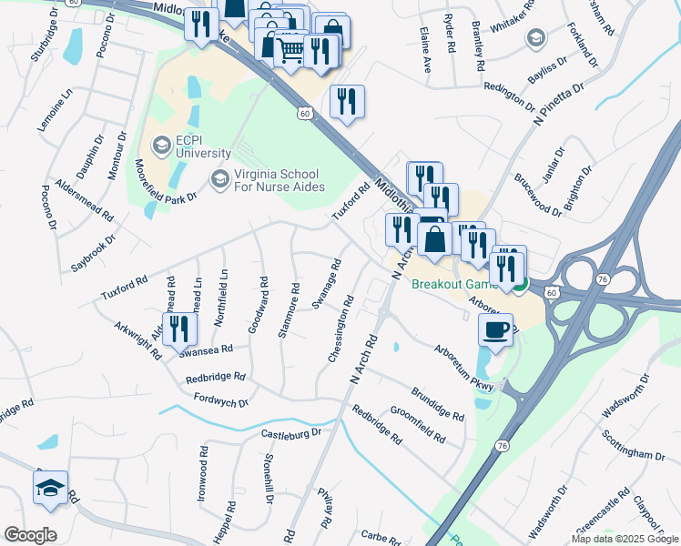 map of restaurants, bars, coffee shops, grocery stores, and more near 141 Swanage Road in Richmond