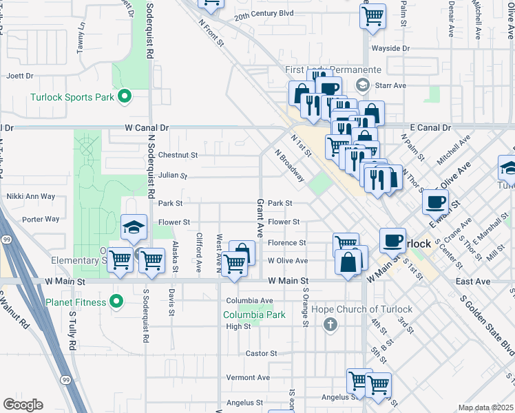 map of restaurants, bars, coffee shops, grocery stores, and more near 600 Park Street in Turlock