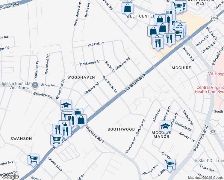 map of restaurants, bars, coffee shops, grocery stores, and more near 1040 Woodhaven Drive in Richmond