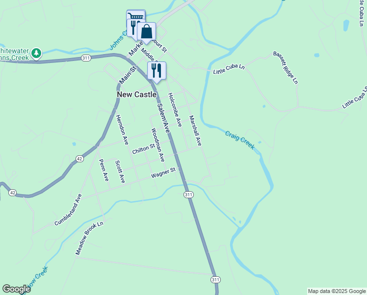 map of restaurants, bars, coffee shops, grocery stores, and more near 268 Marshall Avenue in New Castle