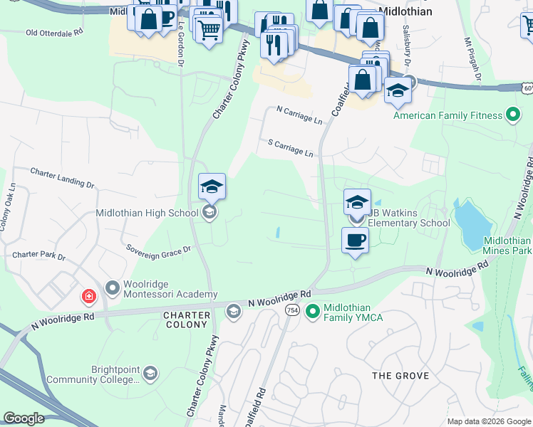 map of restaurants, bars, coffee shops, grocery stores, and more near 414 Coalfield Road in Midlothian