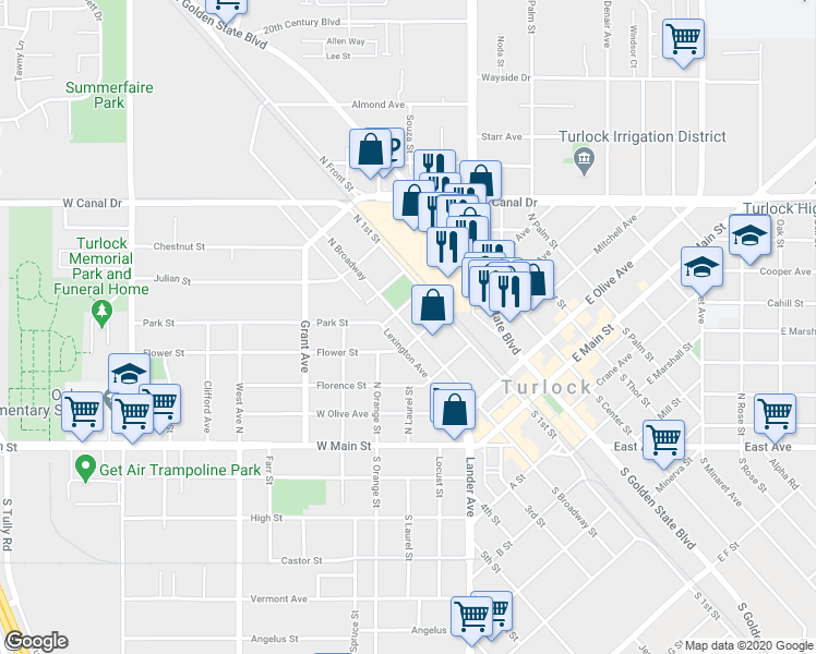 map of restaurants, bars, coffee shops, grocery stores, and more near 417 North Broadway Avenue in Turlock