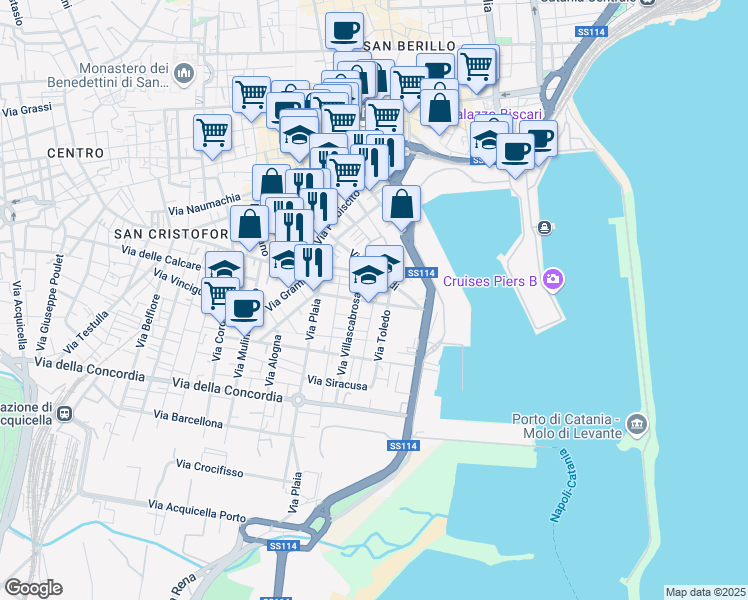 map of restaurants, bars, coffee shops, grocery stores, and more near 103 Via Murifabbro in Catania