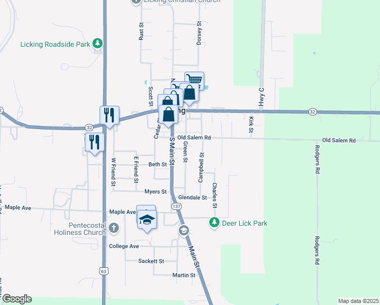 map of restaurants, bars, coffee shops, grocery stores, and more near 105 Green Street in Licking