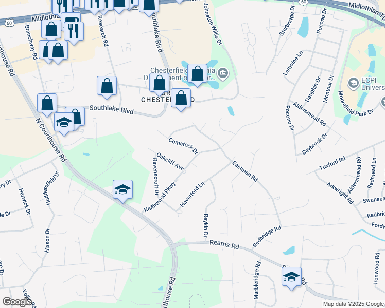 map of restaurants, bars, coffee shops, grocery stores, and more near 400 Comstock Drive in Chesterfield County
