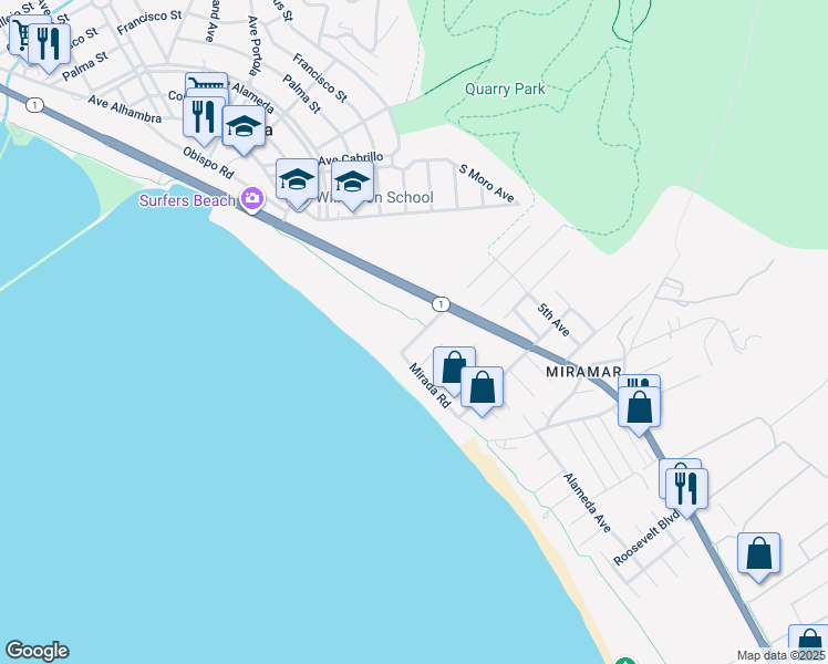 map of restaurants, bars, coffee shops, grocery stores, and more near 121 Magellan Avenue in Half Moon Bay