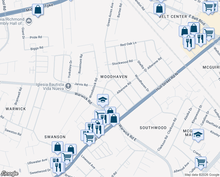 map of restaurants, bars, coffee shops, grocery stores, and more near 5126 Weatherford Road in Richmond